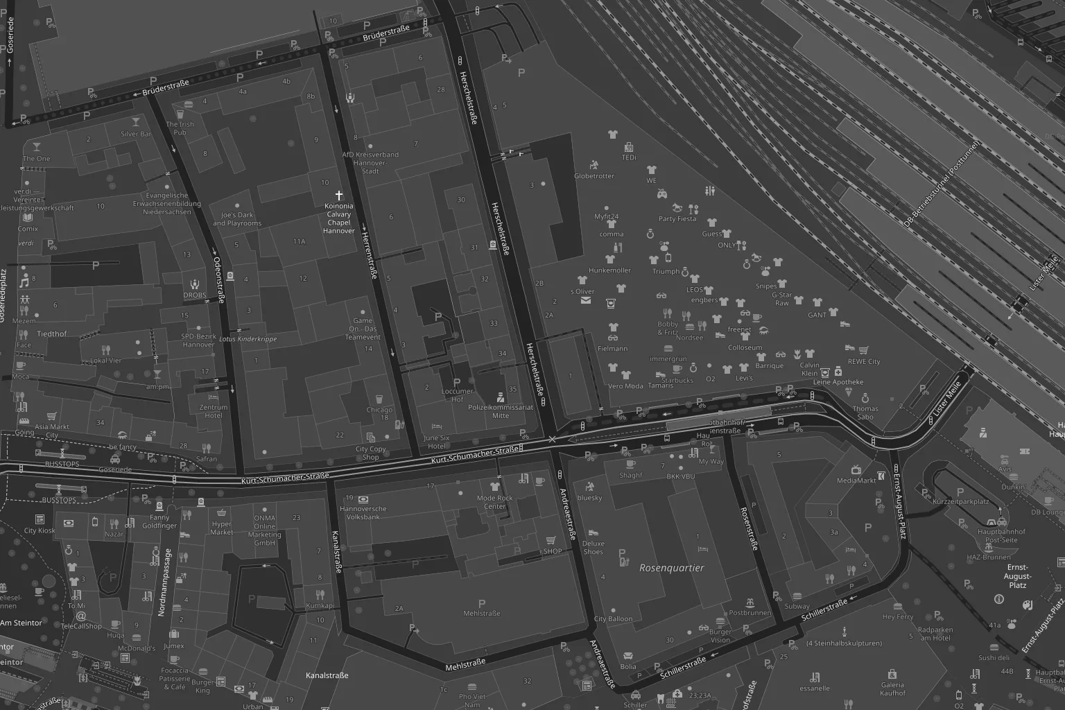 Karte der Umgebung mit dem Studio in der Herrenstraße und vier Hotels in Laufweite